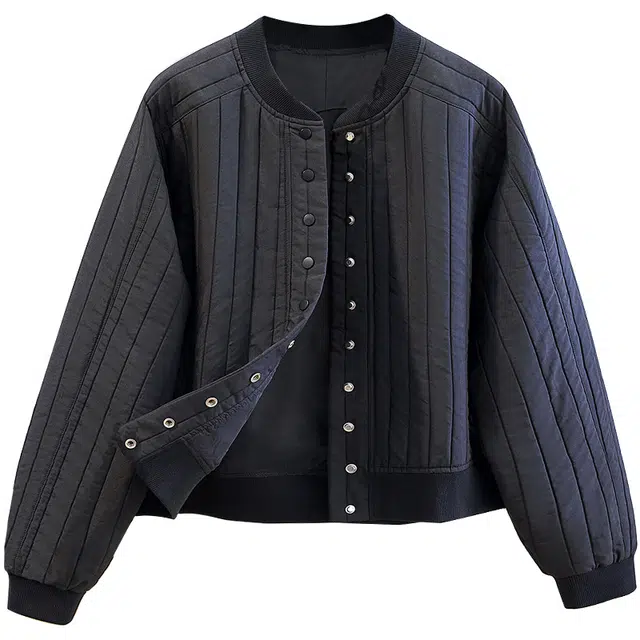 她池 棒球领休闲宽松单排扣纯色简约长袖截短外套 女款 黑色