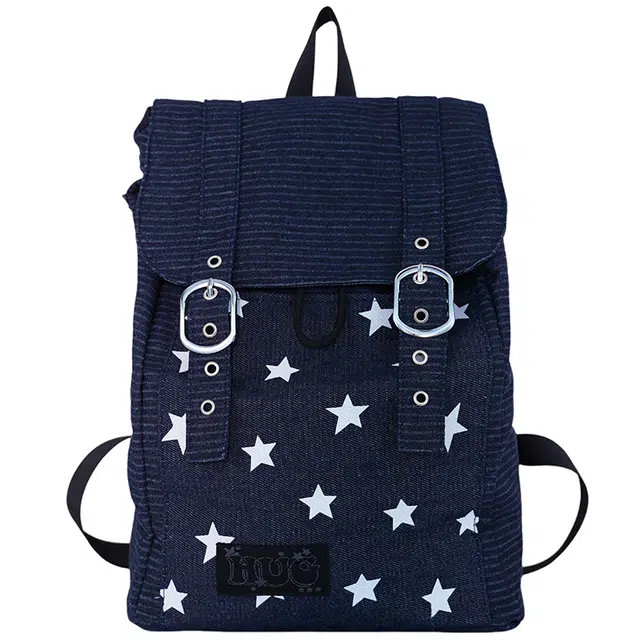 度森袋鼠 韩版时尚百搭休闲小众设计感星星出行背包 牛仔布 双肩包 女款 藏蓝色/黑色