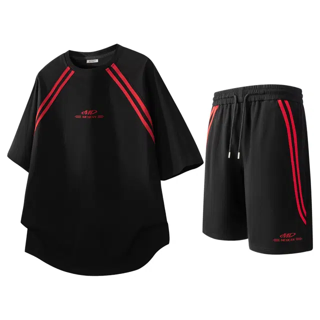 稻草人 美式复古高街个性设计拼接撞色条纹圆领套头宽松短袖上衣百搭透气学院风五分短裤休闲运动套装 男女同款