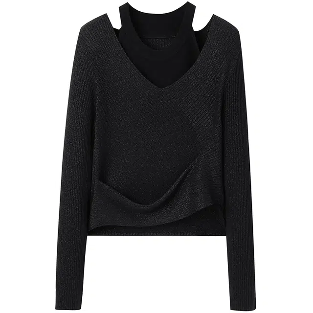 太平鸟 简洁细闪露肩假两件针织衫 女款 乌黑