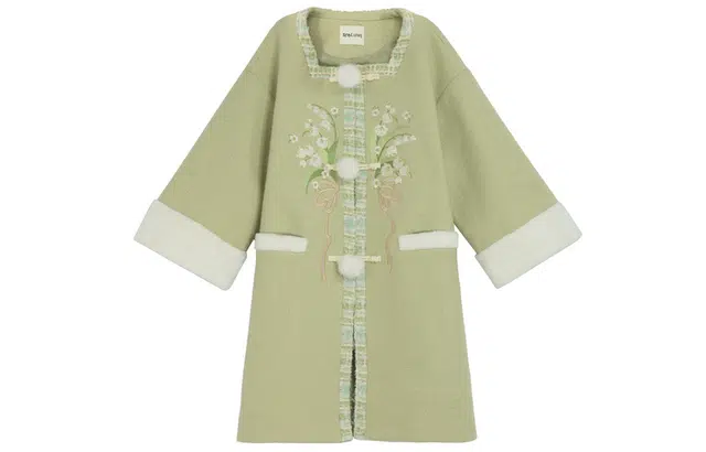 森女部落 秋冬 风铃花语 原创新中式国风古风汉元素中长款毛呢外套 女款 绿色