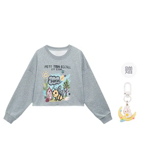 柏黛妃 美式时尚印花短款小个子通勤长袖卫衣 女款 灰色