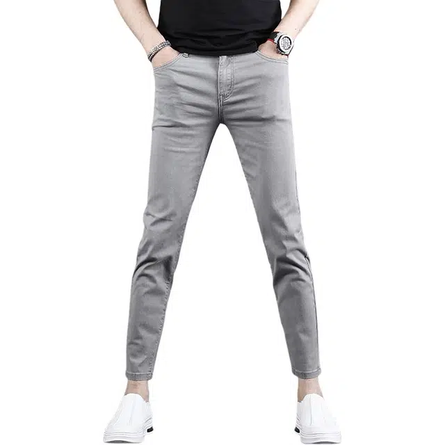 吉肯蒂 潮流高街夏季薄款九分裤男灰色修身小脚弹力男士牛仔裤 男款