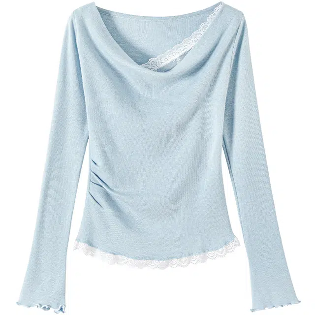 她池 捏褶内搭打底衫蕾丝边优雅长袖针织衫 女款 浅蓝色