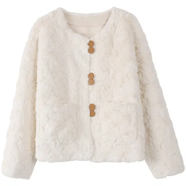 她池 甜美风气质圆领毛绒保暖短款宽松长袖截短外套 女款 米色