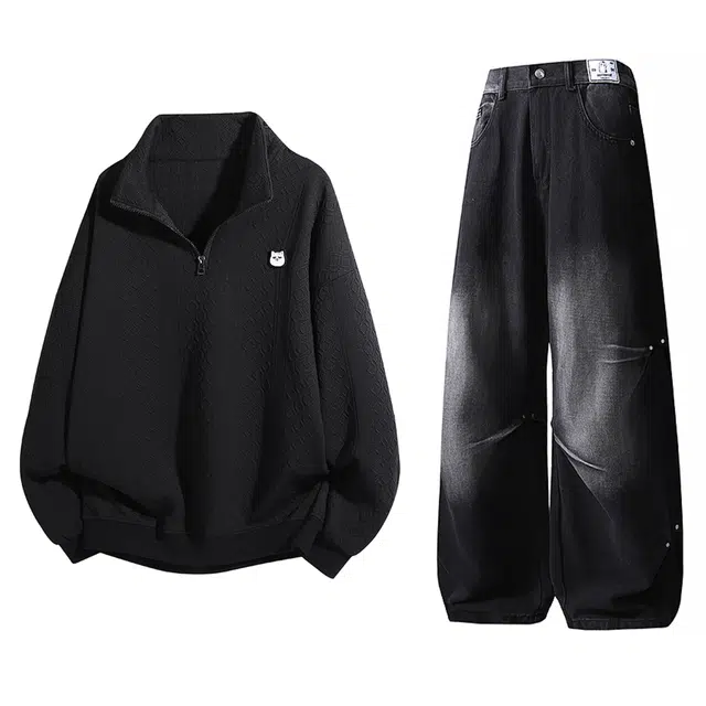 吾皇猫 基础款潮流百搭半拉链卫衣宽松直筒牛仔裤一整套穿搭休闲运动套装 男女同款
