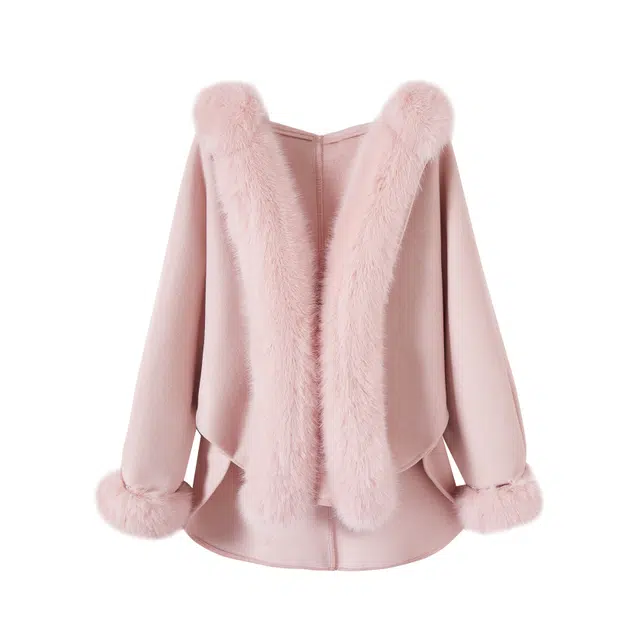 花山家的猫 纯色连帽双面呢毛绒加厚斗篷披风 女款