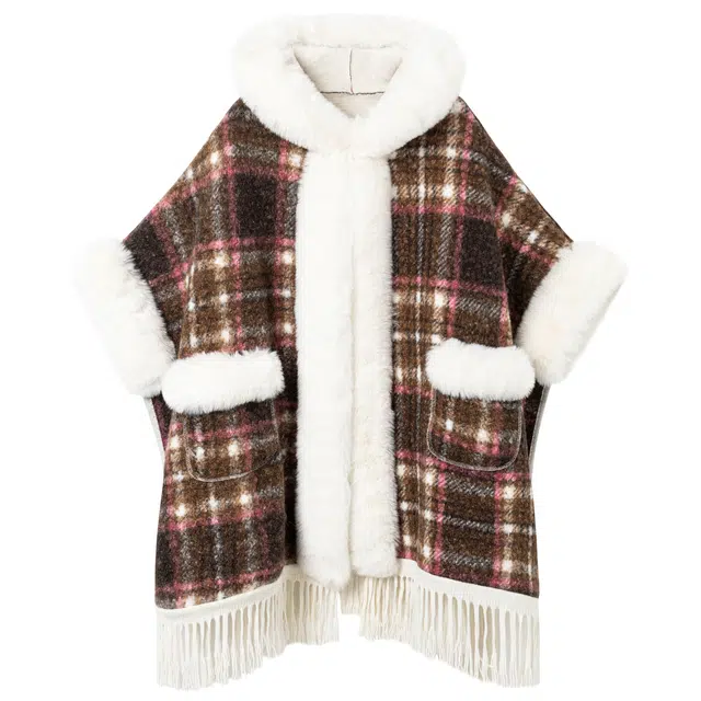 九条喵 加厚加绒斗篷披肩毛领格纹流苏绒感外套 女款 砖红色