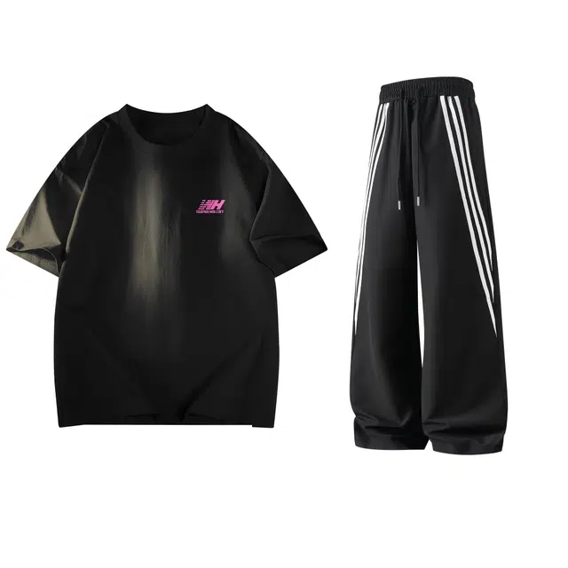 吾皇猫 学院风美式复古基础款字母印花宽松短袖舒适简约百搭条纹长裤休闲运动套装 男女同款