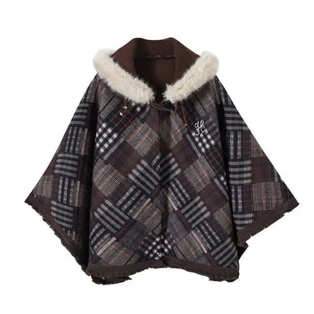 花山家的猫 日系拼布连帽格子斗篷披风 女款 巧克力拼棕