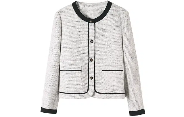 嬉皮少女 拼色圆领单排扣粗花呢截短外套 女款 白色