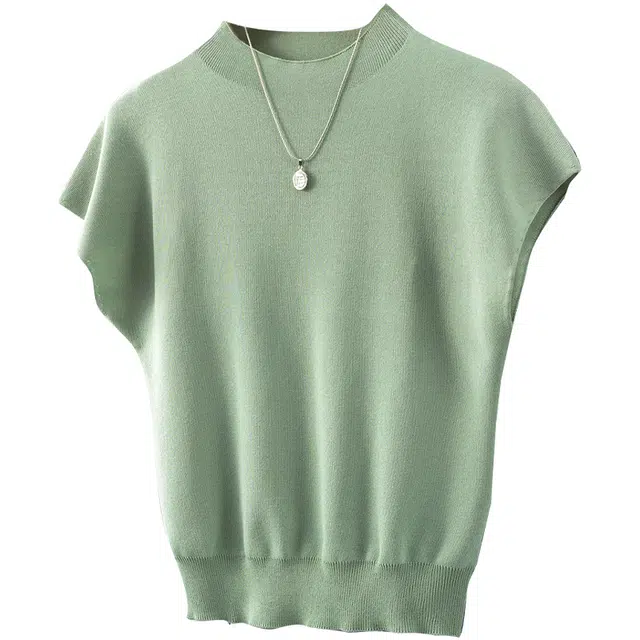 她池 气质圆领简约小清新薄款短袖针织衫 女款 绿色