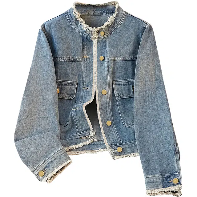 她池 复古毛边港风宽松休闲单排扣牛仔外套 女款 浅蓝色
