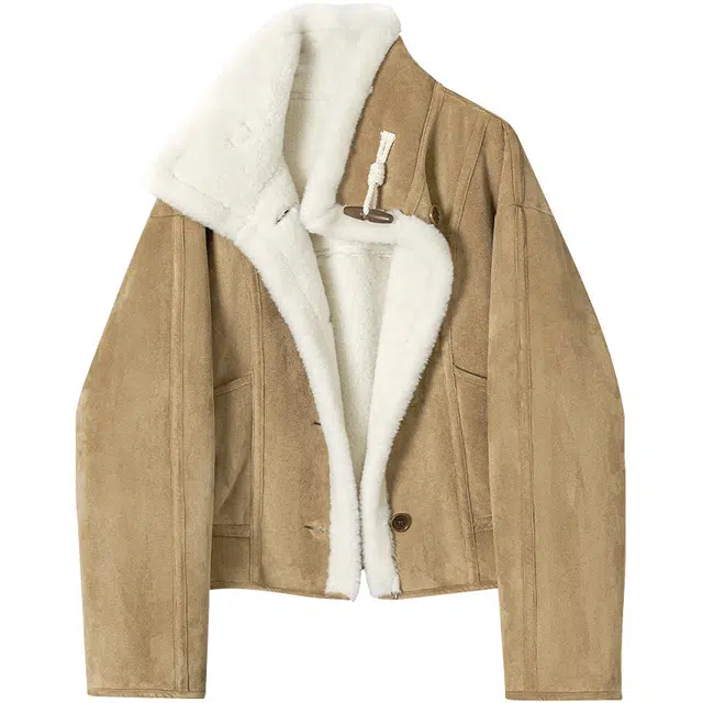 她池 短款时尚简约文艺小个子宽松纯色长袖截短外套 女款 卡其色