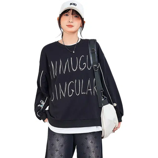 木果果木 字母图案休闲美式圆领宽松卫衣 女款