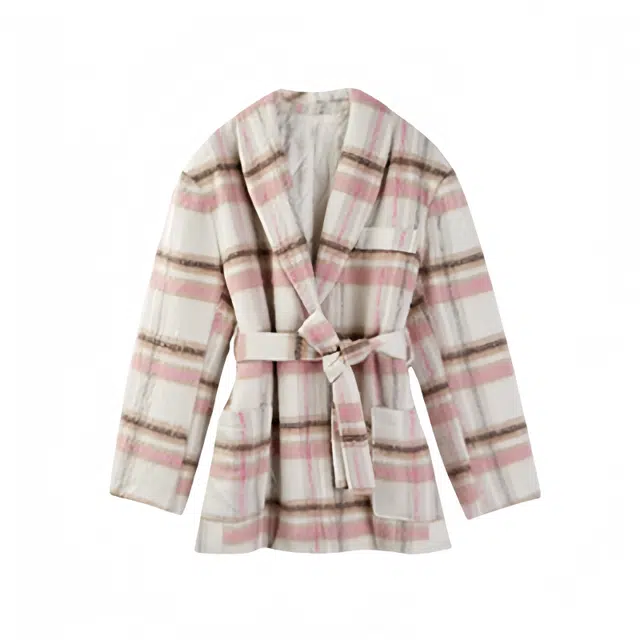 木清清 拼色保暖小香风厚款舒适简约中长款大衣 女款 粉色