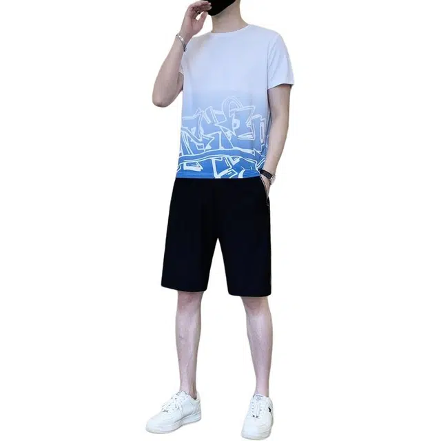 大白鲨 冰丝速干潮薄款短袖短裤休闲运动套装 男款