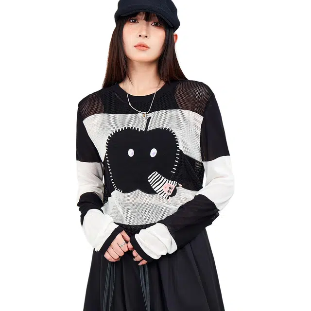 木果果木 早春 专柜同款镂空轻熟风撞色条纹针织衫 宽松 女款