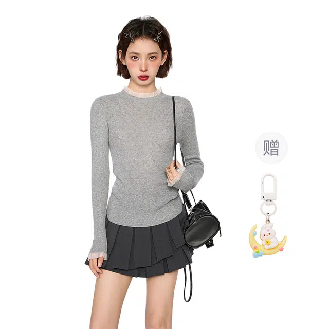 柏黛妃 蕾丝半高领长袖针女修身紧身内搭打底衫上衣针织衫 女款 灰色+赠品