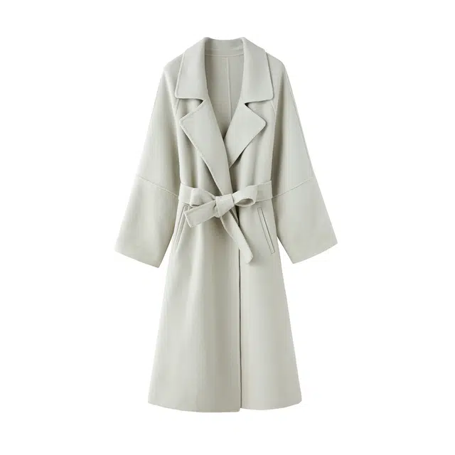 花栗鼠小姐 恋冬 法式温柔简约气质高级感慵懒大翻领插肩袖宽松直筒垂坠感高腰腰带系带收腰后中开叉遮肉大衣 女款