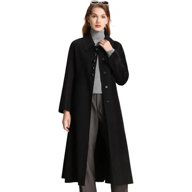 粉红玛琍 翻领中长款通勤大衣 女款 黑色