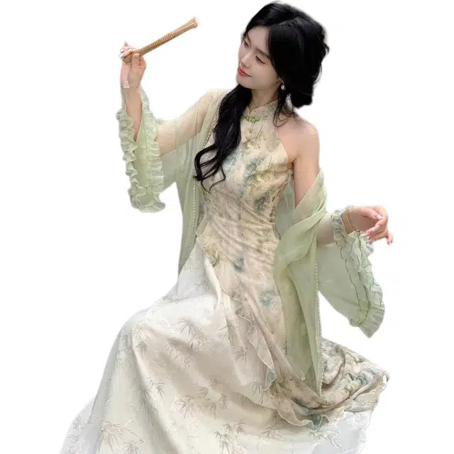 花蔓色 休闲气质清冷婉约国风穿搭印花禅意拼接不规则挂脖旗袍 舒适百搭时尚无袖连衣裙 女款