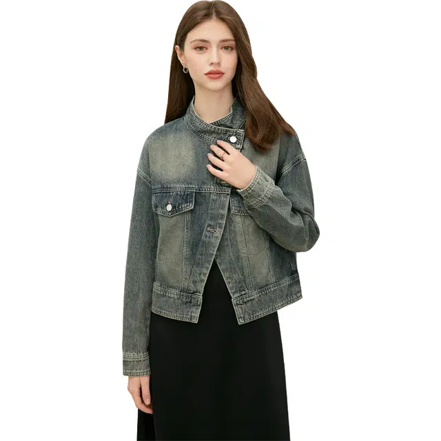 她池 港风复古做旧舒适百搭牛仔外套 女款 蓝