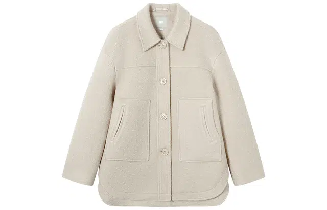 对白 廓形衬衫领贴袋设计呢外套短款大衣 女款 浅卡其