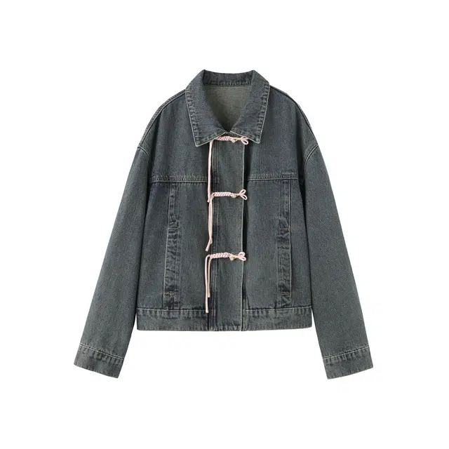 花栗鼠小姐 许清欢 新中式轻国风撞色手工盘扣宽松翻领金属扣定制图案设计感牛仔外套 女款