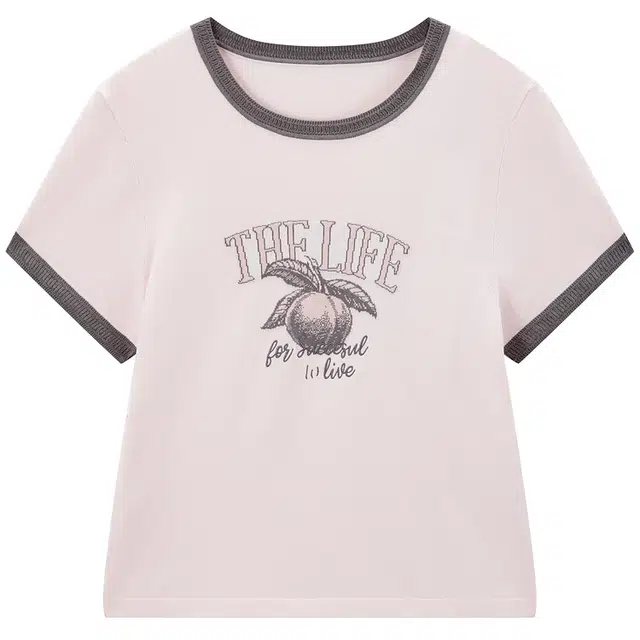 太平鸟 冰凝凉感领口撞色短袖针织衫 女款 粉色