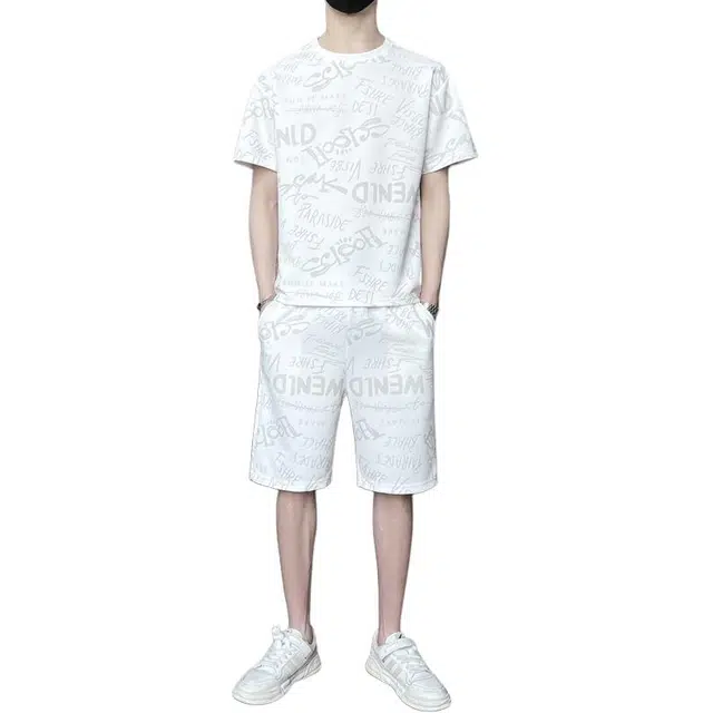 大白鲨 潮牌舒适百搭字母薄款宽松上衣五分裤休闲运动套装 男款