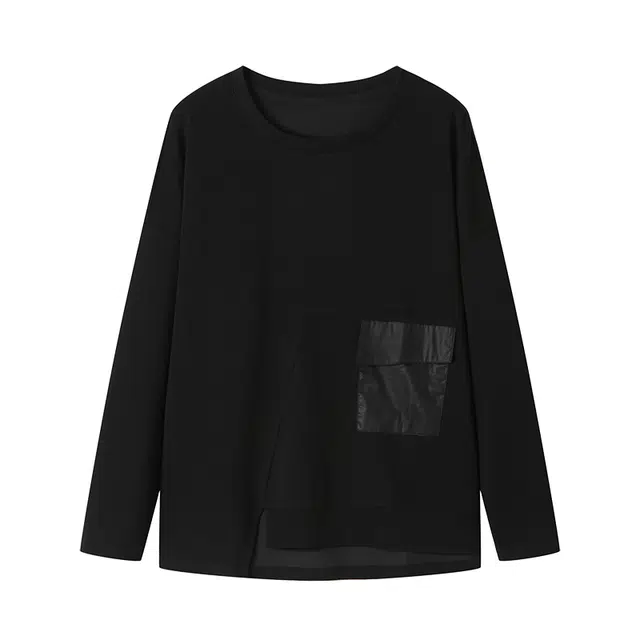 曲韩 不规则口袋落肩袖上衣时尚宽松显瘦圆领长袖春季卫衣 女款 暗夜黑