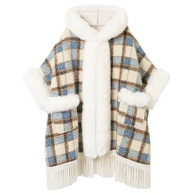 九条喵 加厚加绒斗篷毛领格纹宽松绒感外套 女款 粉红色