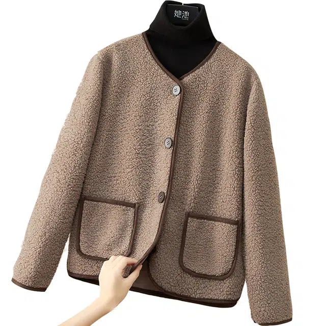 她池 休闲撞色圆领宽松长袖截短外套 女款