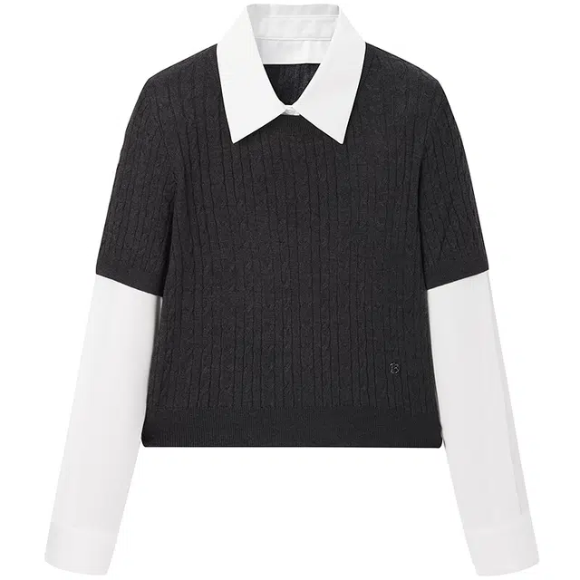 太平鸟 大师系列时髦拼接领针织衫 女款 磁黑