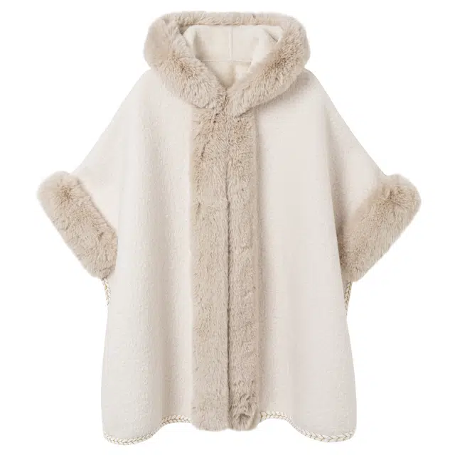 九条喵 拼色加厚加绒斗篷毛领连帽绣花边宽松长袖绒感外套 女款 米白色