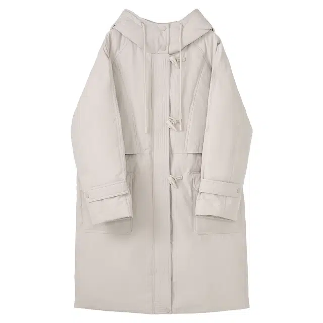 法儿家 腰线派克长款连帽宽松外套羽绒服 女款 杏色