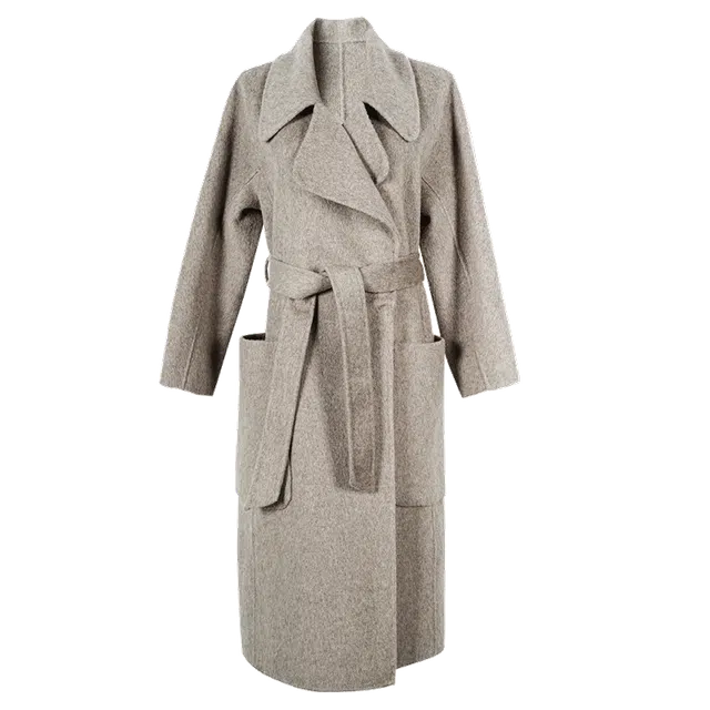 米思阳 复古纯色翻领大口袋收腰长款毛呢大衣 女款