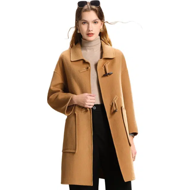 粉红玛琍 纯色翻领单排扣大衣 女款 驼色