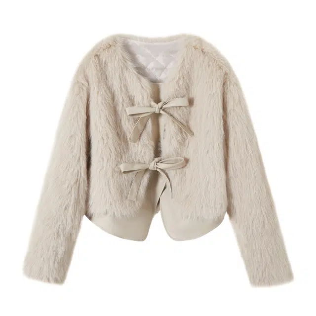 花山家的猫 纯色蝴蝶结无领长袖毛毛皮草 女款