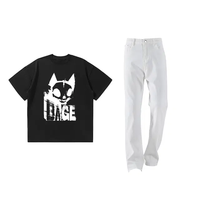 八哥 美式高街简约基础款舒适个性潮流酷炫适中字母纯色常规宽松圆领拉链落肩套头中腰短袖长裤休闲运动套装 男女同款