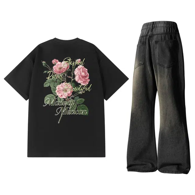稻草人 美式高街复古玫瑰花卉图案字母印花舒适透气短袖中腰水洗做旧百搭长裤休闲运动套装 男女同款