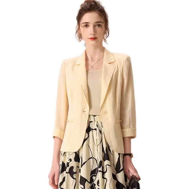 粉红玛琍 舒适纯色一粒扣简约长袖西装 女款 白色