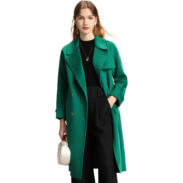 粉红玛琍 纯色双排扣西装领大衣 女款 翡翠绿