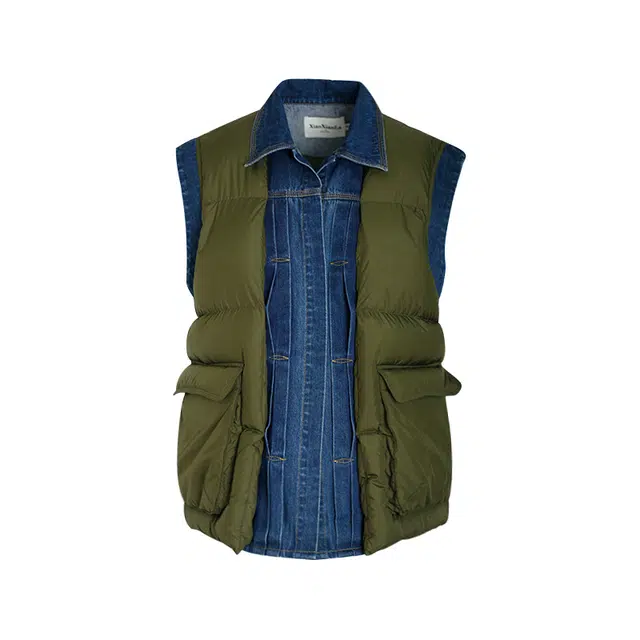 小小拉 小众牛仔拼接棉假两件设计感原宿风外套马甲 女款 如图拼色