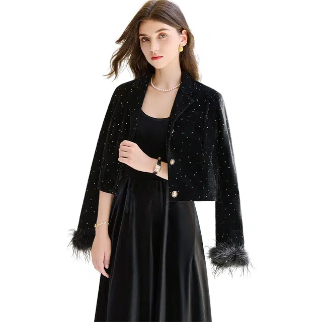 她池 重工烫银简约拼接短款西装领截短外套 女款 黑色