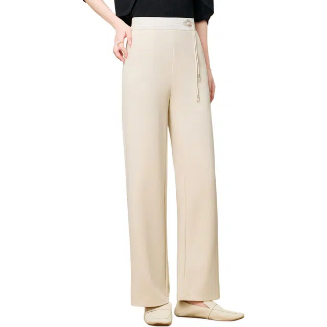 粉红玛琍 直筒高腰舒适纯色休闲裤 女款 米白