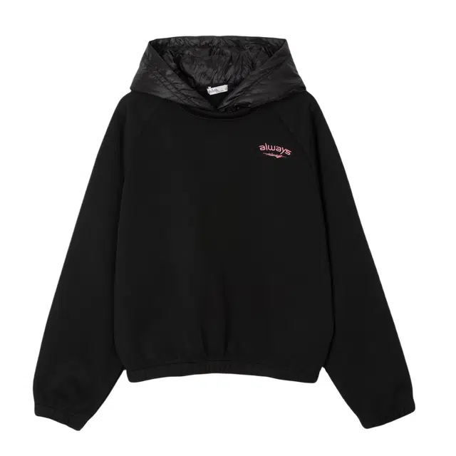 法文箱子 字母刺绣连帽宽松长袖卫衣 女款 黑色