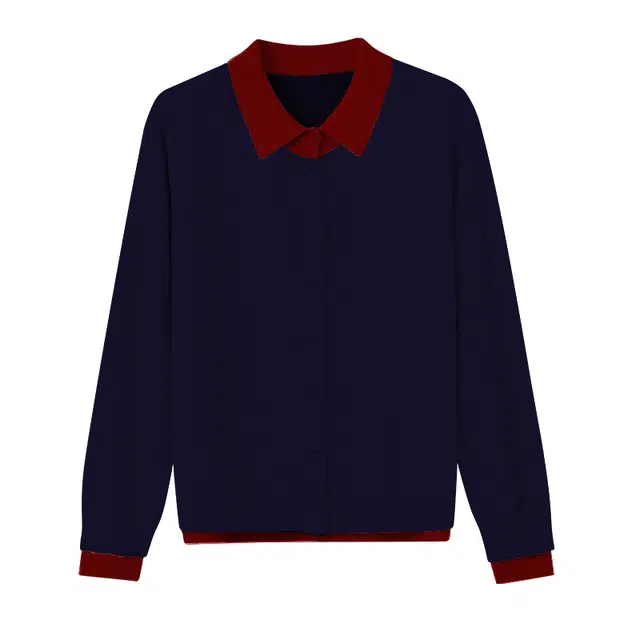 红蜻蜓 百搭气质假两件小开衫外套绵羊毛翻领打底衫休闲时尚长袖撞色针织衫 女款