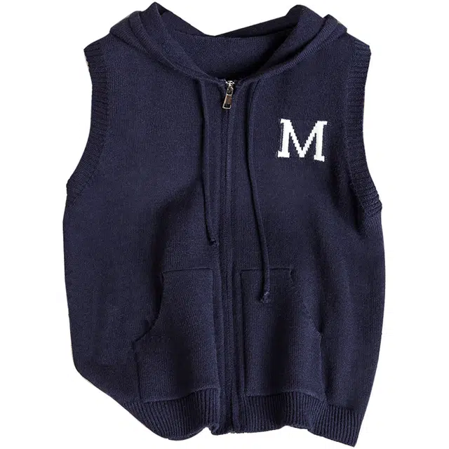 她池 针织马甲撞色字母休闲连帽无袖背心马夹 女款